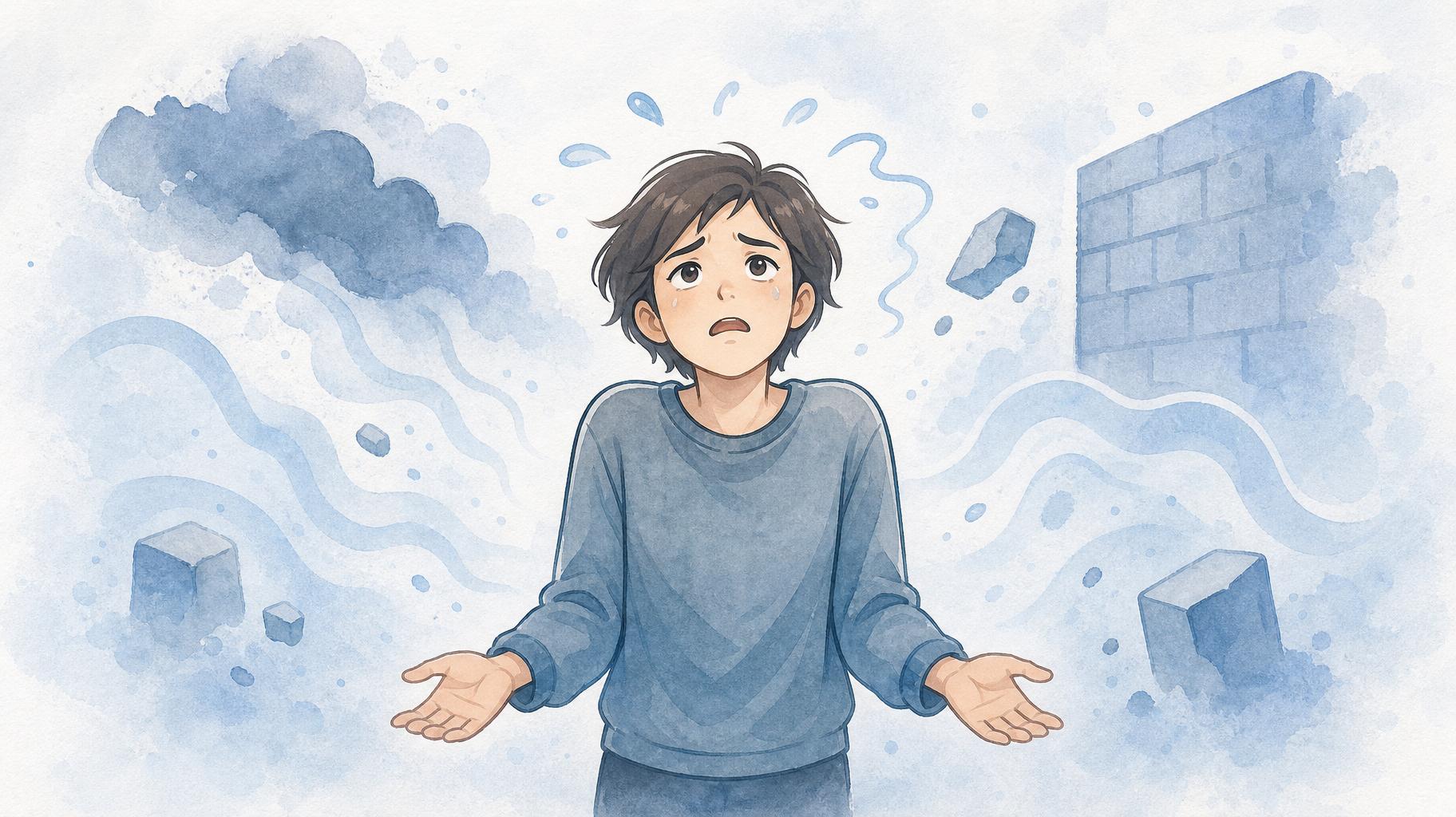 Afmagt. Person i blå. Angst, Stress.