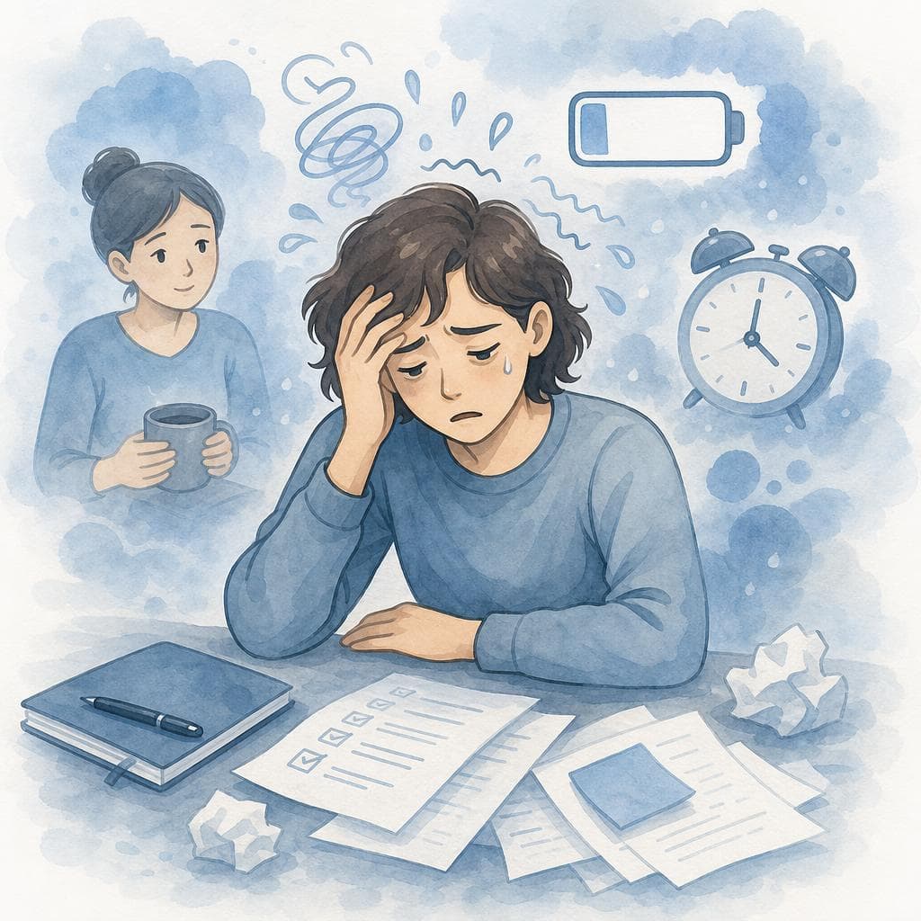 Føler du dig udbrændt af angst?. Person i blå. Angst, Stress.