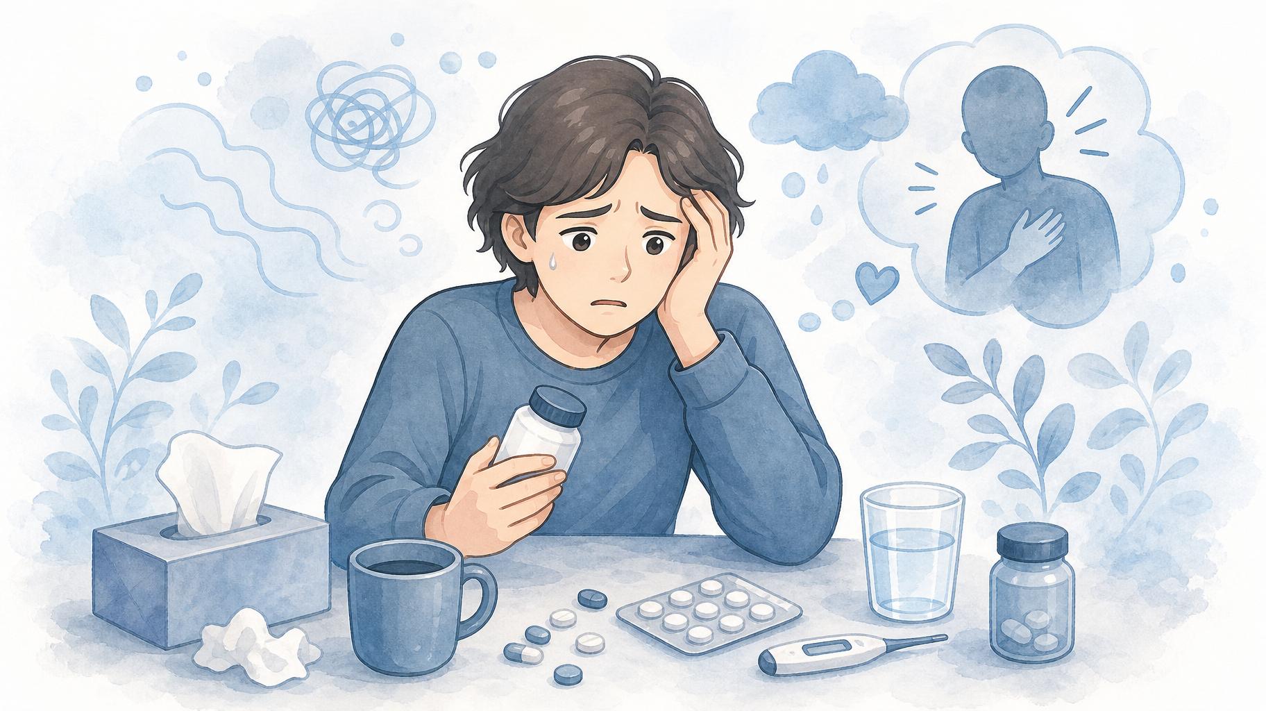 Selvmedicinering. Person i blå. Angst, Stress.
