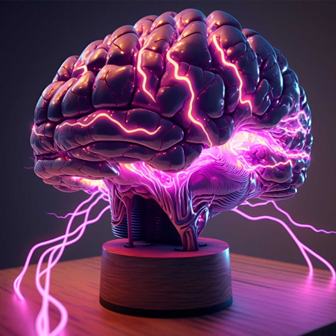 Lilla hjernen med lys og elektricitet der symboliserer angst.