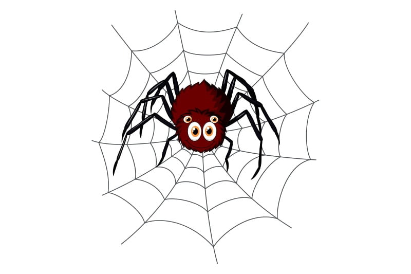 Tegneserie edderkop sidder i sit spindelvæv.