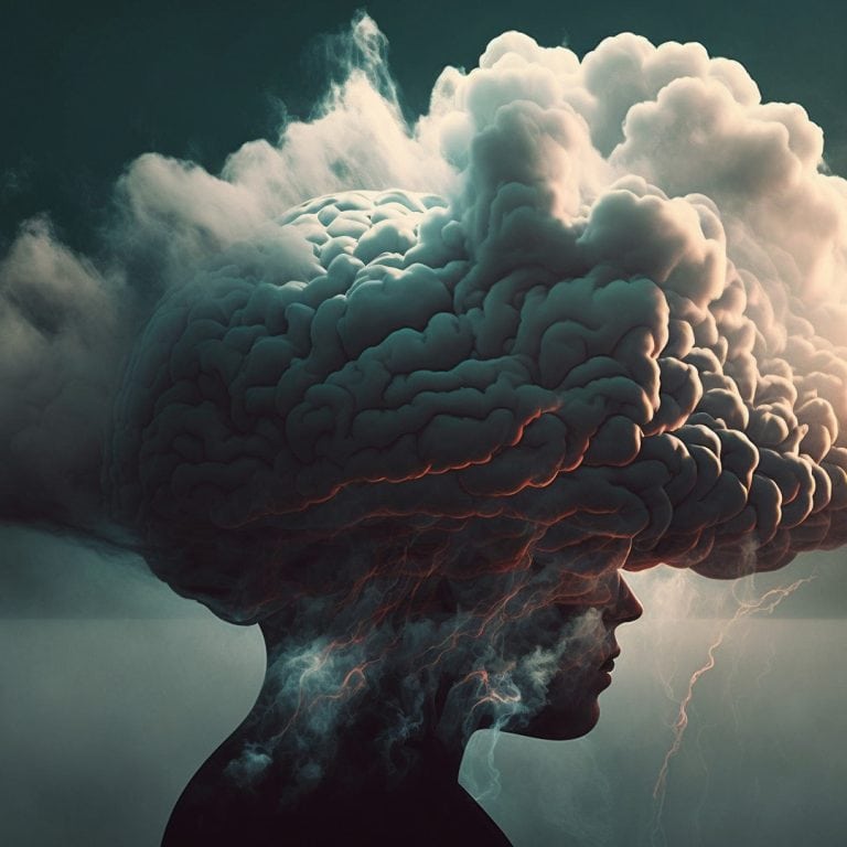 Stress eller angst og hovedet eksploderer i en sky.